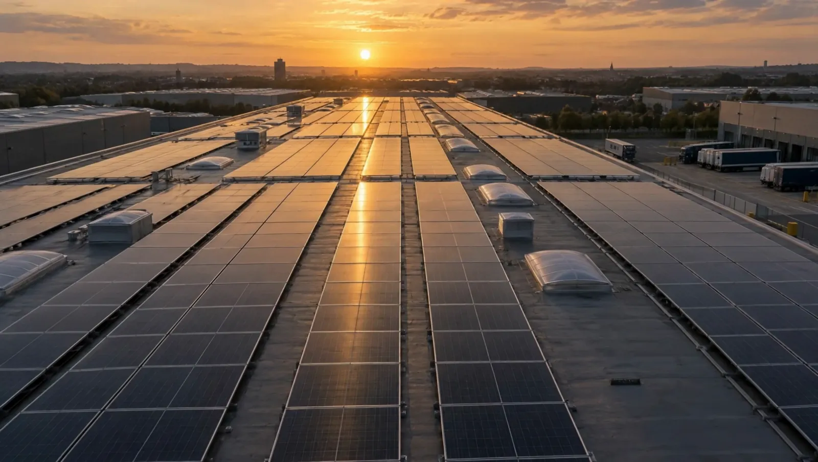 Rows of solar panels on a commercial roof at sunset