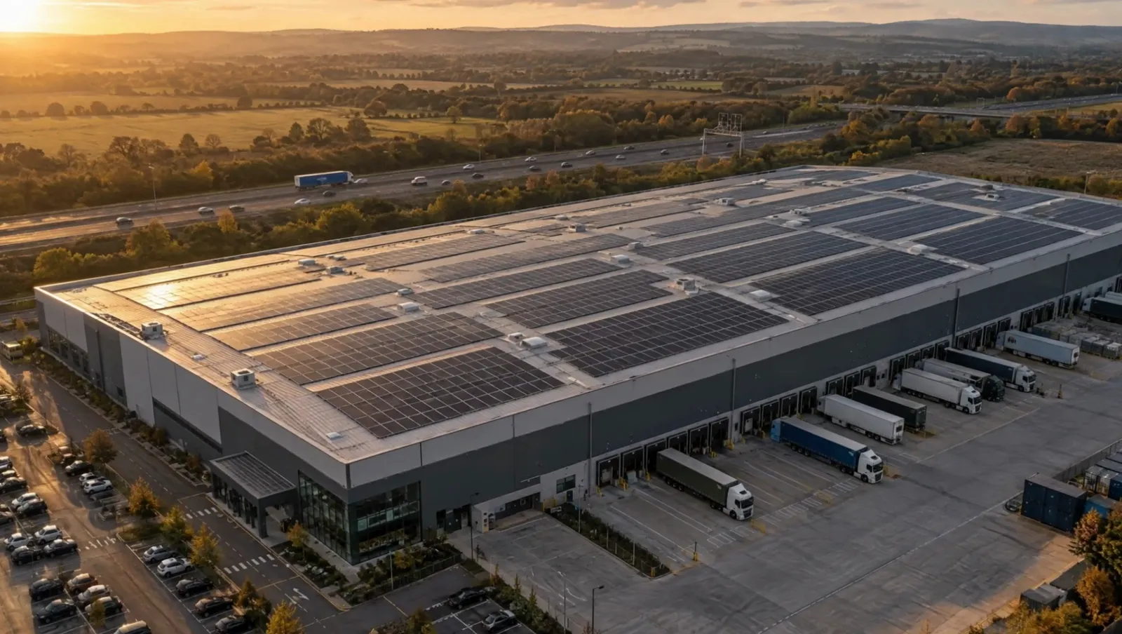 Aerial view of a warehouse roof covered in solar panels at sunset