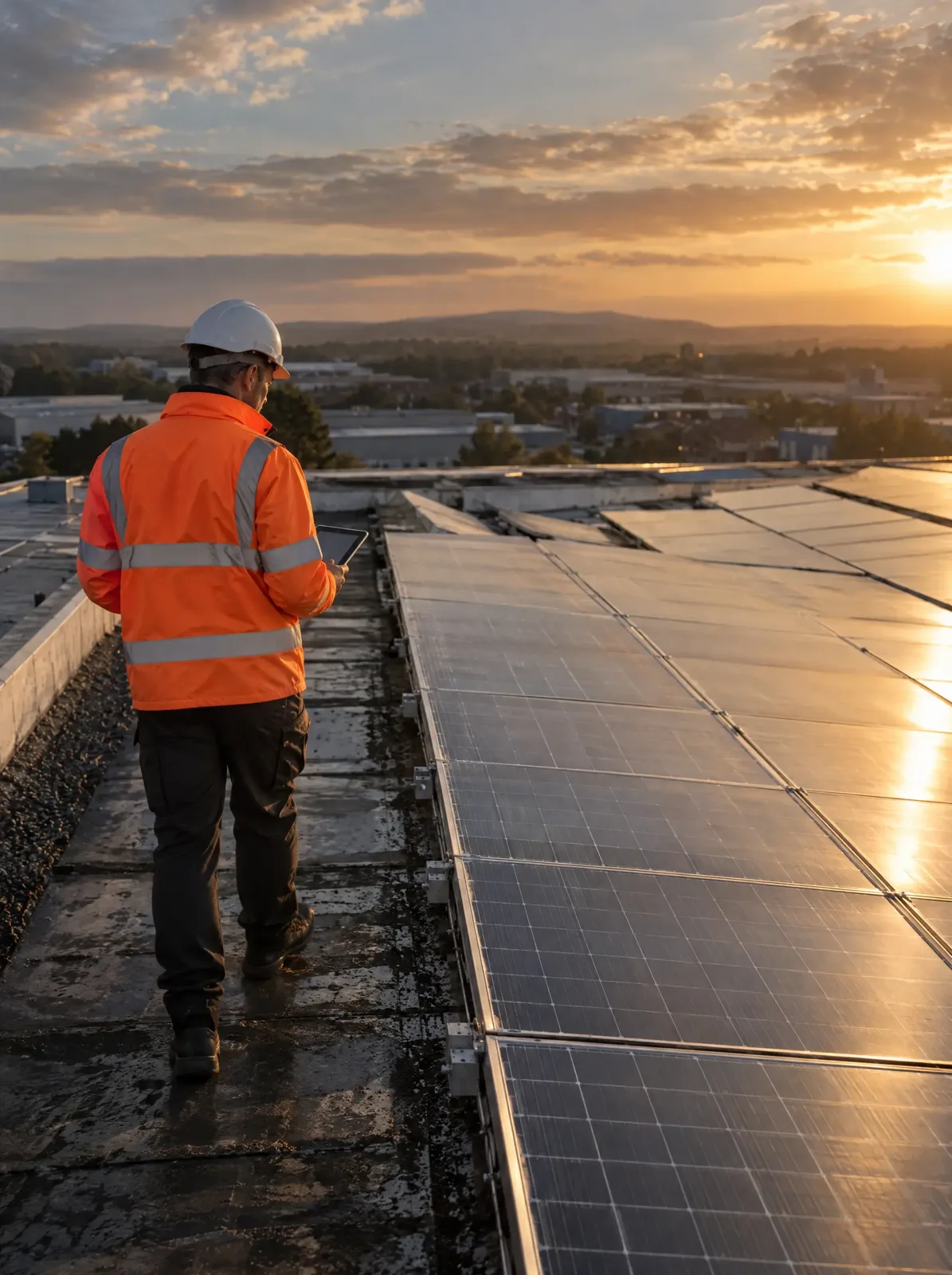 Solar engineer walking a commercial rooftop array at sunset