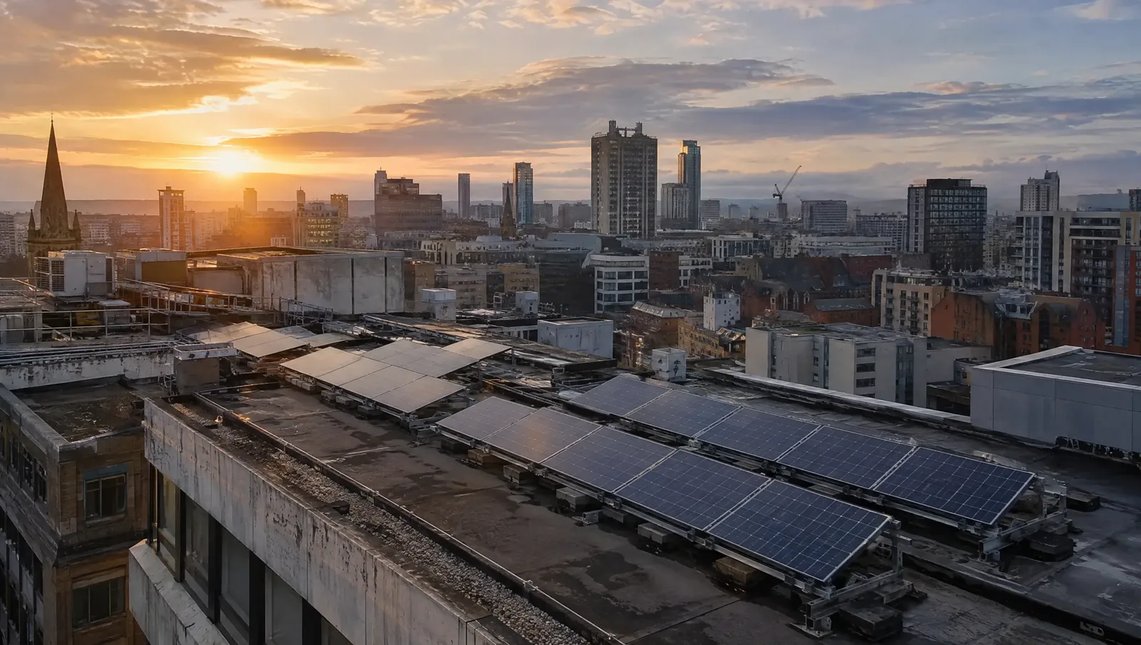 Commercial office building with solar panels on the roof