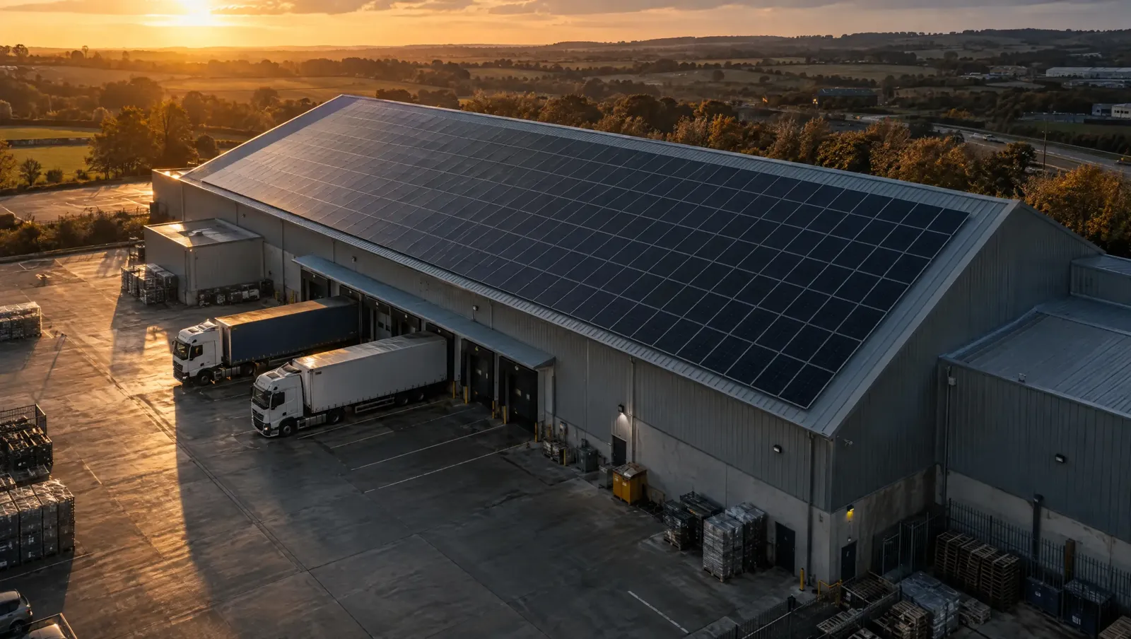 Warehouse roof sloped with a large solar array