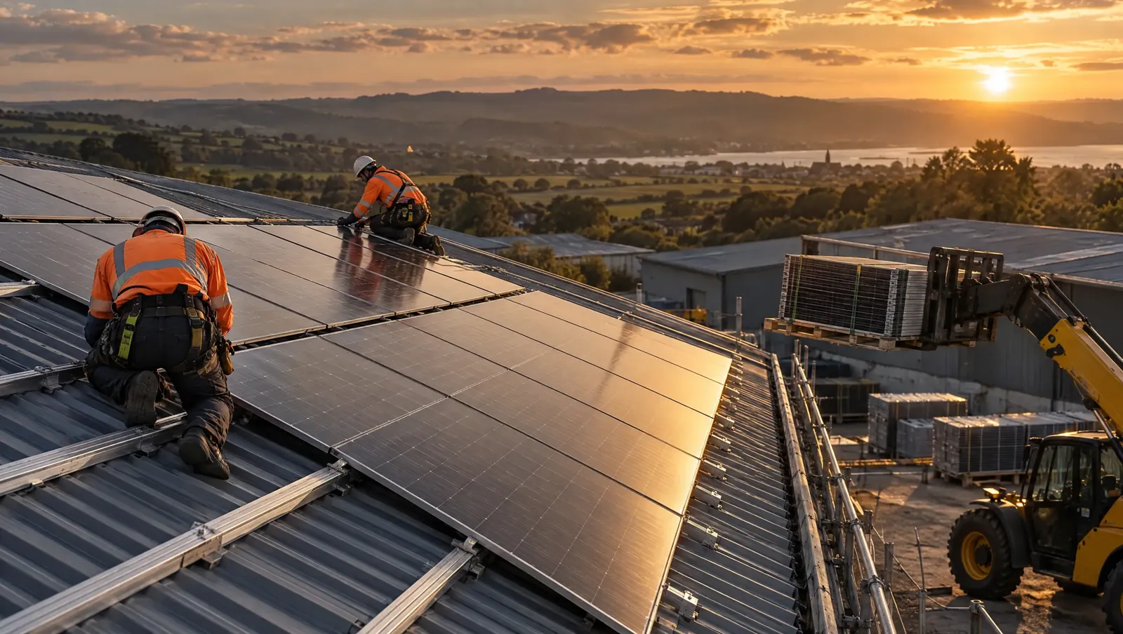 Installers fixing solar panels to a commercial roof