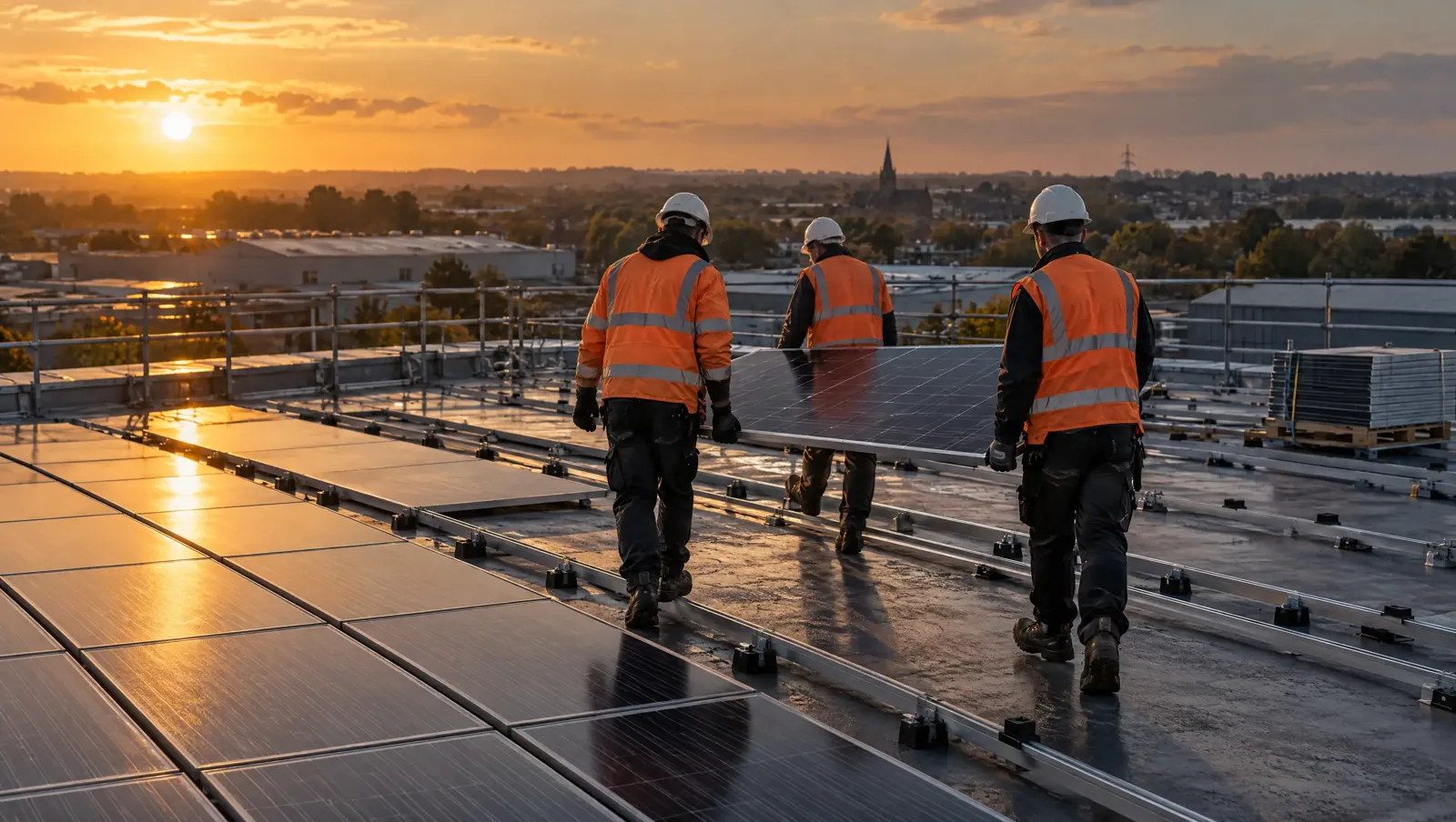Installers carrying a solar panel across a school site