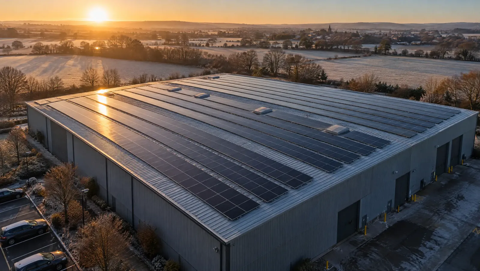 Frosty Scottish commercial roof with solar panels on a clear winter day
