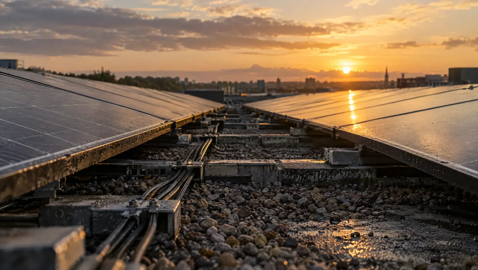 Low-angle view of commercial solar panels