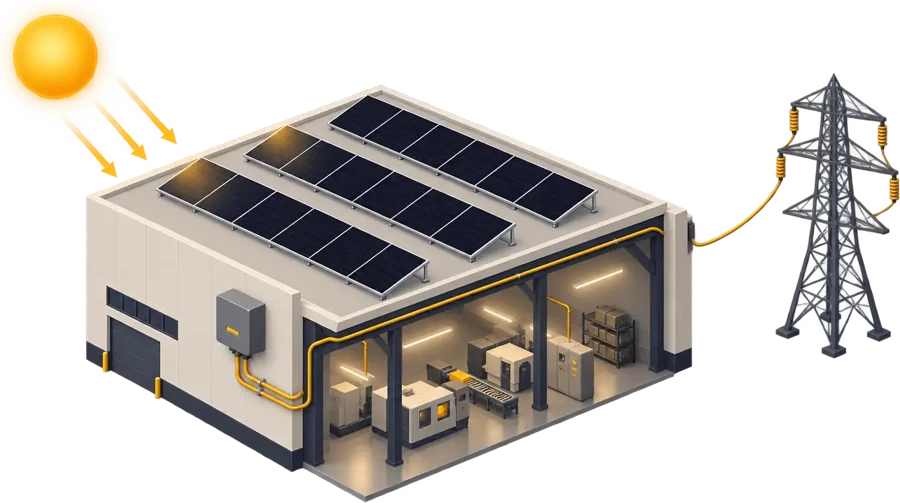 Diagram: daylight hits the rooftop panels, the inverter converts DC to AC, the building uses the power and any surplus exports to the grid